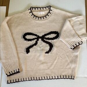 Paige Bow Cream Sweater with Brown Bow /whip Stitch neck and Sleeve